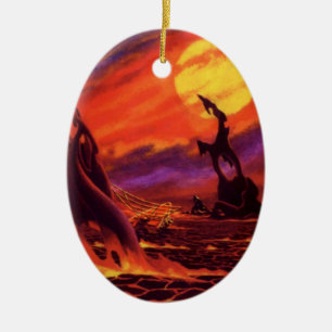 Vintage Science Fiction Vulkan Planet w Red Lava Keramik Ornament