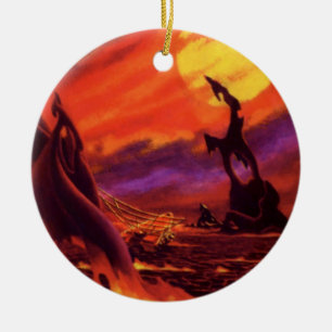 Vintage-Science-Fiction-Vulkanplanet mit roter Lav Keramik Ornament
