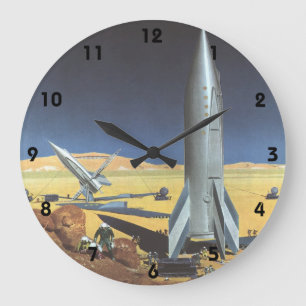 Vintage Science Fiction Wüstenplanet mit Raketen Große Wanduhr