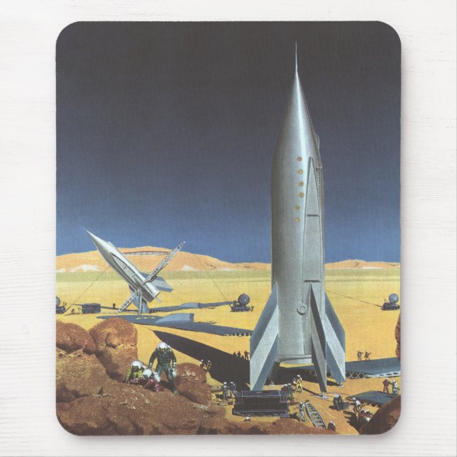 Vintage Science Fiction Wüstenplanet mit Raketen Mousepad (Vorne)