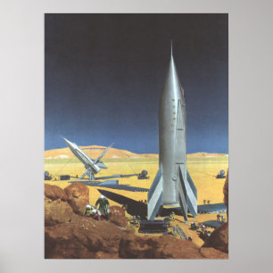 Vintage Science-Fiction-Wüstenplanet mit Raketen Poster