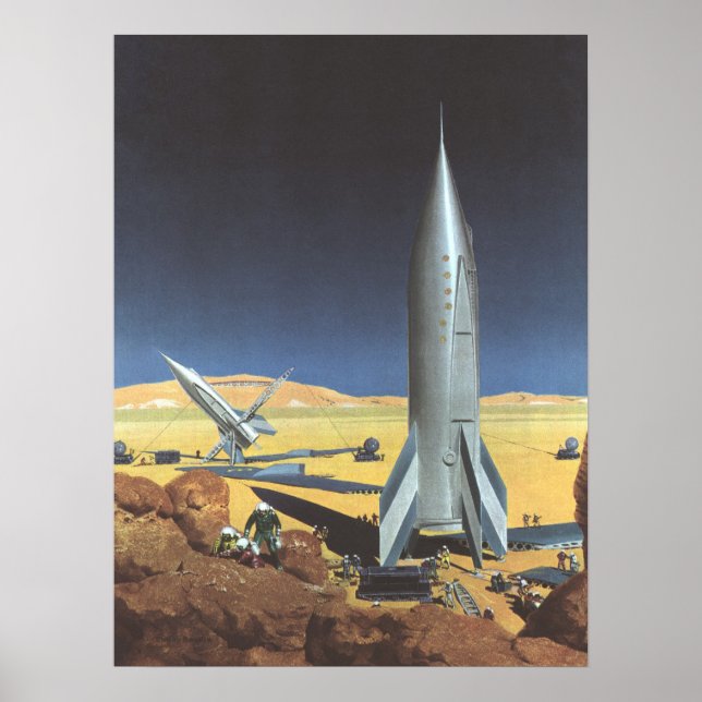 Vintage Science Fiction Wüstenplanet mit Raketen Poster (Vorne)