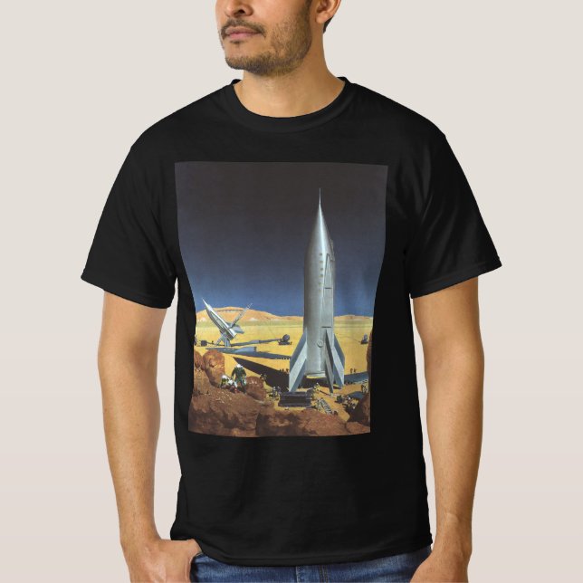 Vintage Science Fiction Wüstenplanet mit Raketen T-Shirt (Vorderseite)