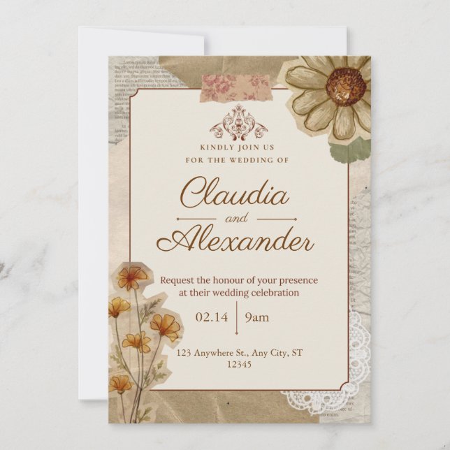 Vintage Scrapbook Botanical Wedding Invitation Einladung (Vorderseite)