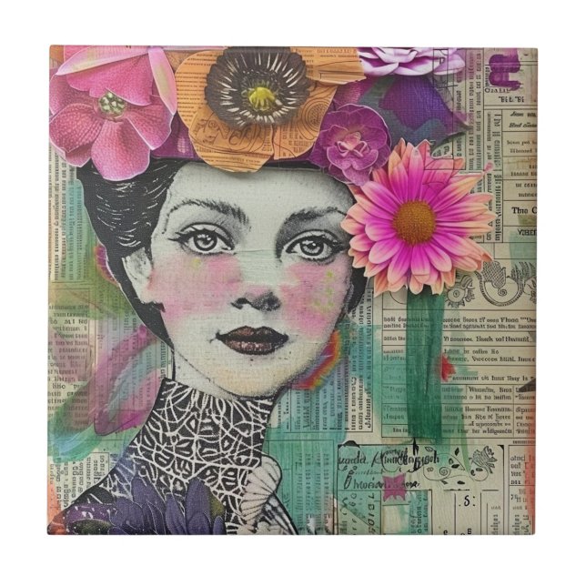 Vintage-Scrapbook-Collage-Gesicht (5) Fliese (Vorderseite)