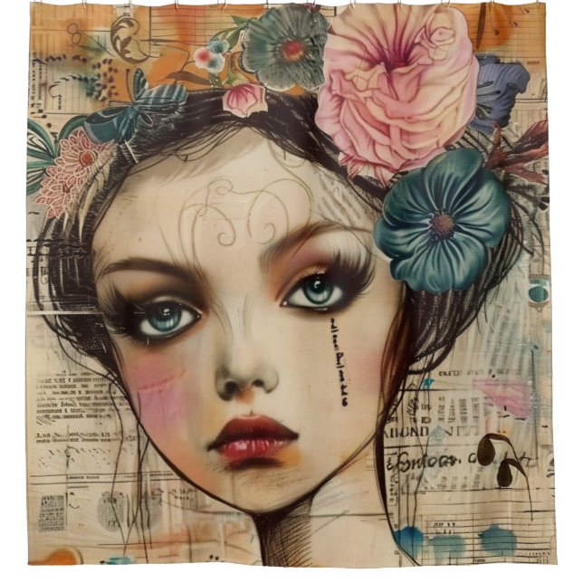 Vintage-Scrapbook-Collage-Gesicht (9) Duschvorhang (Vorderseite)