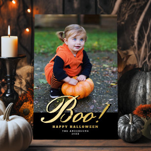 Vintage-Script Boo! Halloween-Foto Gold Folien Feiertagskarte