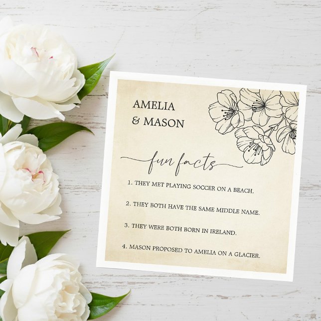 Vintage Script Floral Fun Facts Hochzeit  Serviette (Vintage Script Floral Fun Facts Wedding Napkins)