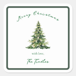Vintage Script Green Gold Christmas Tree Address Quadratischer Aufkleber