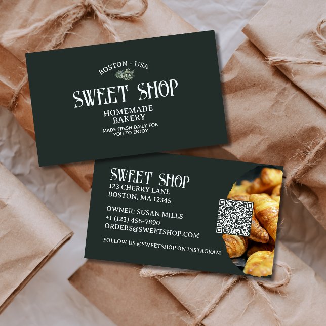 Vintage Script QR-Code Gebäck Bäckerei Visitenkarte (Advertise your professional bakery or personal business with this vintage card!)