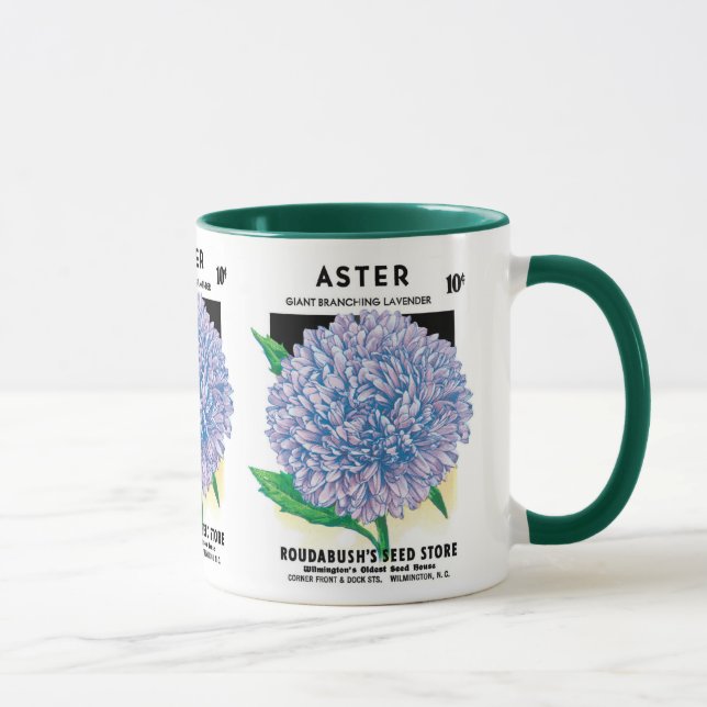 Vintage Seed Packet Art, Lila Aster-Blume Tasse (Rechts)