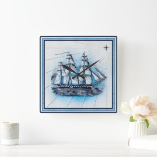 Vintage Seekarte Quadratische Wanduhr