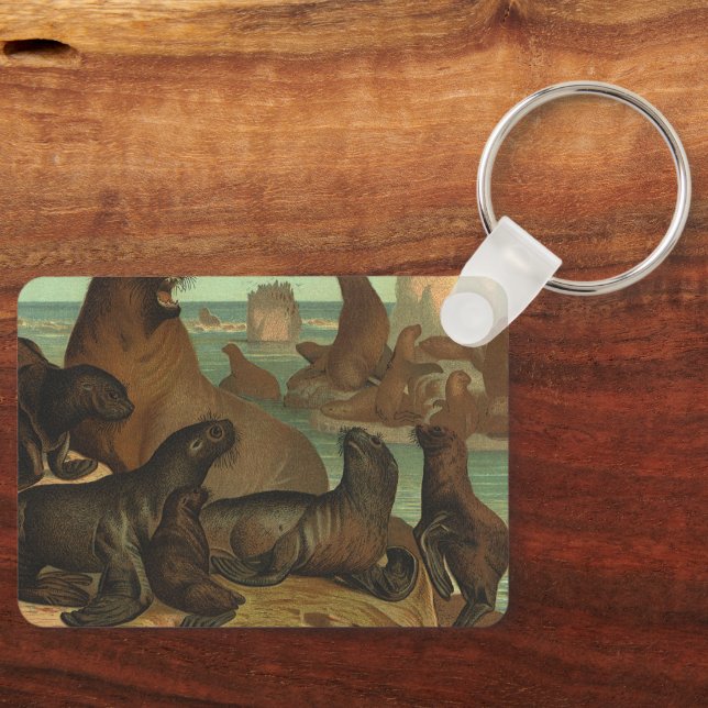 Vintage Seelöwen am Strand, Meerestiere Schlüsselanhänger (Vorderseite)