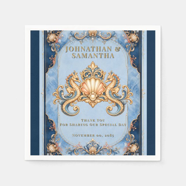 Vintage-Seepferdchen orange blaue Dankeschön-Servi Serviette (Vorderseite)