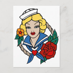 Vintage Segelmädchen mit Rosen-Tätowierkunst Postkarte