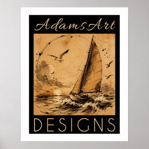 Vintage-Segelschiff bei Sonnenuntergang Tinte Wasc Poster