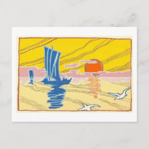 Vintage-Segelschiff und Sonne, Japan Postkarte