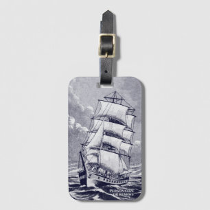 Vintage Segelschiff Zeichnung Navy Schwarz Küste Gepäckanhänger