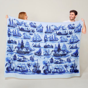 VINTAGE-SEGELSCHIFFE, SCHIFFE, Marineblau Nautical Fleecedecke