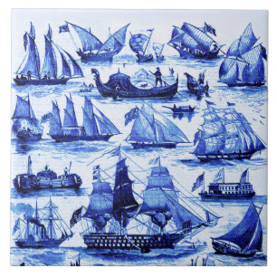 VINTAGE-SEGELSCHIFFE, SCHIFFE, Marineblau Nautical Fliese