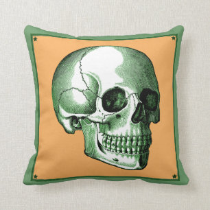 Vintage Seitenansicht Grüne und Mandarine Schäde Kissen