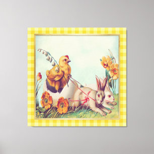 Vintage Senfgelb Osterhase & Küken Kunst Leinwanddruck