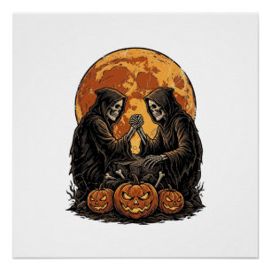Vintage-Sensenmann-Halloween-Kürbis-Vektor-Design Poster