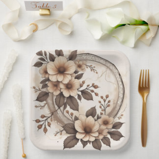Vintage-Sepia-Botanical-Floral-Hochzeitsquadrat Pappteller