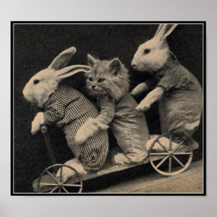Vintage Sepia Bunnies & Kitten Osterkunst Poster