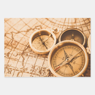 Vintage Sepia Compass Map Entschlüsselung Geschenkpapier Set