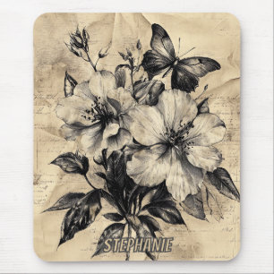 Vintage Sepia Hibiskus-Schmetterlingsstrauß Mousepad