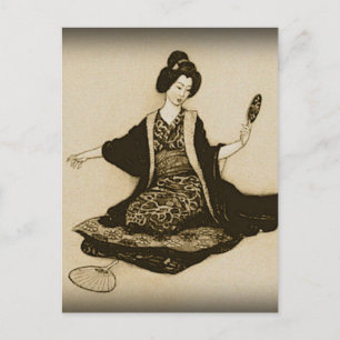 Vintage Sepia-Japanische Geisha, die in den Spiege Postkarte
