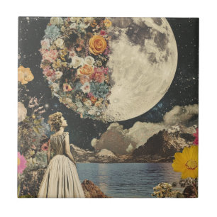 Vintage-Sepia-Mond-Blumengarten-Surrealismus Fliese