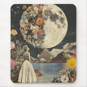 Vintage-Sepia-Mond-Blumengarten-Surrealismus Mousepad