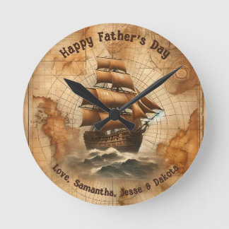 Vintage Sepia Nautical Map and Segelschiff Runde Wanduhr