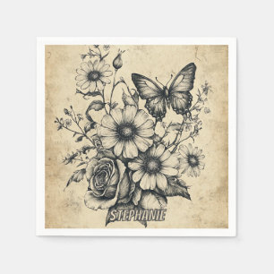 Vintage Sepia Schmetterling Rose Gänseblümchen Blu Serviette