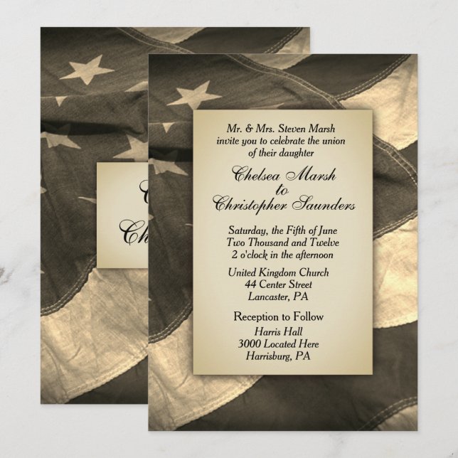 Vintage Sepia USA Flag Hochzeitseinladung Einladung (Vorne/Hinten)