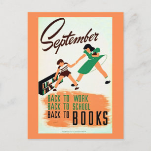 Vintage September Zurück zur Arbeit, Schule, Büche Postkarte