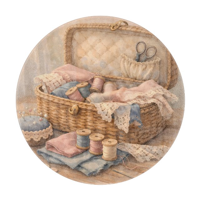 Vintage Sewing Basket Cottagecore Pastel Schneidebrett (Vorderseite)