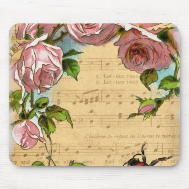 Vintage Shabby Chic-Blumen u. Musik-Collage Mousepad (Vorne)