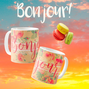 Vintage Shabby Chic Florale Rosen Bonjour! Kaffeetasse