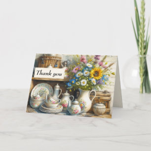 Vintage Shabby Chic Geschirr Teekanne und Wildblum Dankeskarte