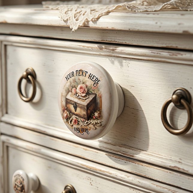 Vintage Shabby Chic Jewelry Pink Roses Keramikknauf (Vintage style ceramic drawer knob featuring a Victorian jewelry chest with peach roses and pearls)