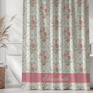 Vintage Shabby Chic Rosa Blumenmuster Name Duschvorhang
