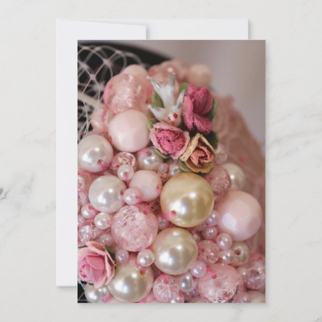 Vintage Shabby Chic rosa Perlen & Stoffrosen  Einladung (Rückseite)