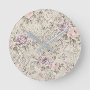 Vintage Shabby Chic Rosa und Lavendelrosen Wanduhr
