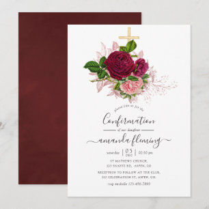 Vintage Shabby-Chic Rosé & Burgunder Konfirmation Einladung