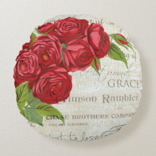 Vintage Shabby Chic-Rote Rosen auf antikem Skript Rundes Kissen