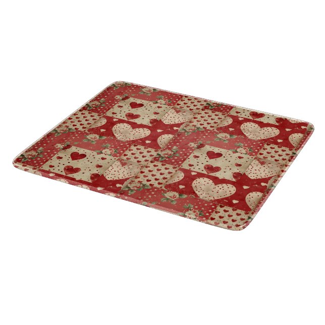 Vintage Shabby Chic rotes Patchworkmuster Schneidebrett (Ecke)