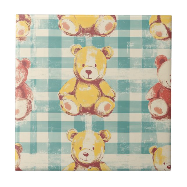 Vintage Shabby Chic Teddybär Gingham-Muster (3) Fliese (Vorderseite)